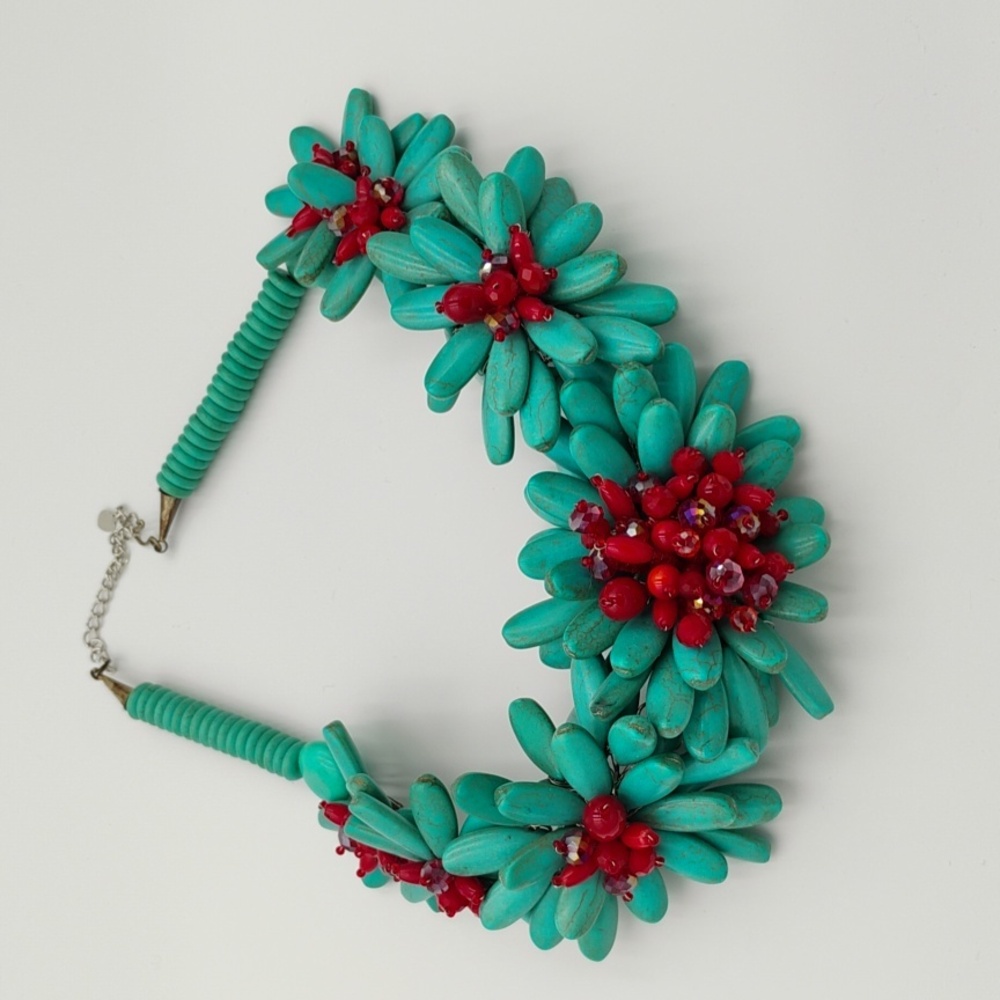 Simulated Turquoise Flowers With Red Beads